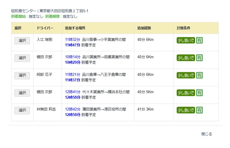 配車表で、配送先を適切な箇所に追加する際の候補一覧